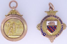 NINE CARAT GOLD AMATEUR BOWLING CLUB FOBS dated 1915 to include a Manchester & District Public Parks