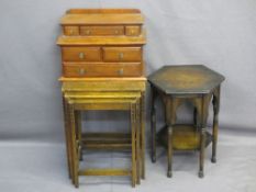 DESKTOP OAK COLLECTOR'S CHEST, nest of three oak tables, hexagonal two-tier occasional table,