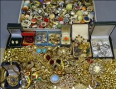 GOLD COLOUR & OTHER COSTUME JEWELLERY, rings with a large mixed quantity of clip-on earrings