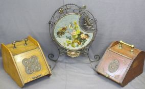 ARTS & CRAFTS STYLE WROUGHT IRON & COPPER MIRRORED FIRESCREEN with painted detail and two vintage