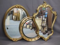 GEORGIAN STYLE CIRCULAR BOBBLE MIRROR and two further gilt framed wall mirrors, 54.5cms diameter,