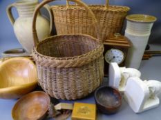 WICKER BASKETS, VINTAGE & LATER WALKING STICKS, modern Knight & Gibbins London mantel clock,