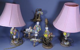 BRASS & PORCELAIN LIGHTING comprising of three branch ceiling lamp and three table lamps