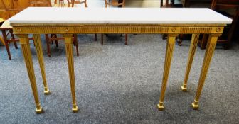 MODERN CLASSICAL REVIVAL STYLE GILTWOOD & COMPOSITION CONSOLE TABLE, with marble top, 150 x 38 x 82