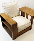 AMBROSE HEAL OAK RECLINING BOOKTABLE ARMCHAIR, c. 1930, with integral drop flap reading table and