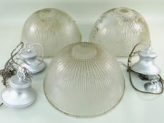 THREE VINTAGE RIBBED GLASS PENDANT CEILING SHADES, with later fittings, 37.5cm diam. (3)