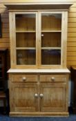 VICTORIAN PINE KITCHEN CABINET, angled cornice above glazed doors, on cupboard base, 121 x 42 x