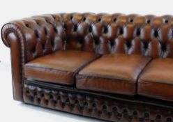 VICTORIAN-STYLE BROWN LEATHER CHESTERFIELD SOFA, button-upholstered with loose cushions, 183 x 92