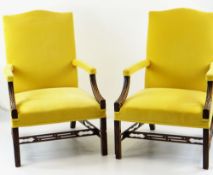 PAIR 19TH CENTURY CHIPPENDALE STYLE 'GAINSBOROUGH' LIBRARY ARMCHAIRS, later yellow upholstered camel
