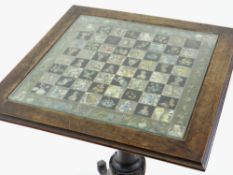 VICTORIAN ROSEWOOD TILT-ACTION GAMES TABLE, with inset glass decoupage moulded top, on baluster