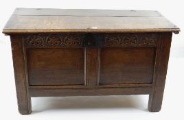 SMALL 17TH CENTURY JOINED OAK COFFER, boarded top with zigzag and dot motif to the scalloped edge,