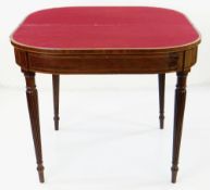 GEORGE III MAHOGANY ROSEWOOD CROSSBANDED AND BOXWOOD STRUNG CARD TABLE, of D-form with double gate