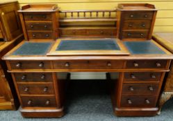 VICTORIAN MAHOGANY PEDESTAL DESK, upper section with banks of drawers joined by later gallery and