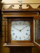 EARLY 19TH CENTURY MAHOGANY 30-HOUR LONGCASE CLOCK, square hood with scrolled pediment and brass