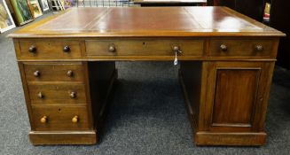 VICTORIAN-STYLE MAHOGANY PARTNERS DESK, red tooled leather inset moulded top above an arrangement of