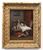 19TH CENTURY ENGLISH SCHOOL oil on canvas - The Loyal Sentinel, a dog on a chair beside a sleeping