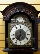 20TH CENTURY GERMAN QUARTER CHIMING LONGCASE CLOCK, break arch hood with slivered roman chapter ring