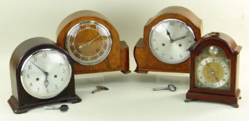 FOUR 20TH CENTURY MANTEL CLOCKS, comprising two 1930s Smiths clocks in walnut and bakelite cases,