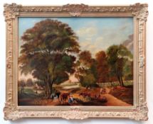 20TH CENTURY SCHOOL oil on canvas - 19th Century figures conversing in a wooded landscape with