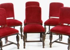 SET OF SIX ELIZABETHAN-STYLE OAK BACKSTOOL DINING CHAIRS, red velour upholstery (6) COLLECTING ITEMS