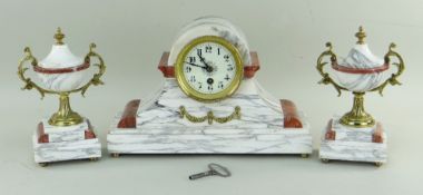 20TH CENTURY FRENCH-STYLE MARBLE MANTEL CLOCK GARNITURE, 23cms high (3) COLLECTING ITEMS STRICTLY BY