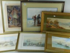 SIX VARIOUS LATE 19TH CENTURY WATERCOLOURS including a beach scene with two fisherman by an