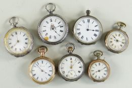 SEVEN VARIOUS LADIES SWISS FOB WATCHES, six in engraved silver cases, one gold plated and signed