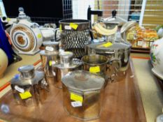 ASSORTED ELECTROPLATED WARES including three tea canisters, christening mug, biscuit box, coffee pot