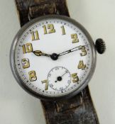 LARGE WWI PERIOD WRISTWATCH, white enamel dial with roman numerals, subsidiary seconds and cathedral