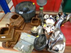 ASSORTED ORNAMENTS including Cadbury chocolate novelty mugs, large granite mortar and pestle ETC