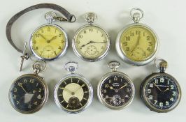 SEVEN VARIOUS MILITARY & OTHER POCKET WATCHES, comprising three with black dials including an