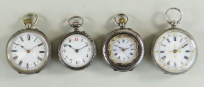 FOUR SILVER LADIES SWISS FOB WATCHES, all with white enamel dials and floral engraved cases, largest