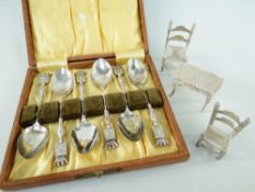 SET OF SIX FRENCH SILVER CASED TEASPOONS & FURNITURE MINIATURES, spoons with crown and armorial