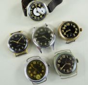 SIX VINTAGE WRISTWATCHES WITH BLACK DIALS, including an 'Aircraft' watch, a 'Kienzle' watch, a