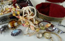 THREE LADIES VINTAGE WRISTWATCHES, costume jewellery and multiple tokens, musical jewellery box