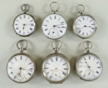SIX SILVER KEY WIND POCKET WATCHES, all with white enamel dials and roman numerals, four with