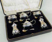 BOXED EDWARD VIII SILVER SIX-PIECE CRUET SET, Birmingham 1938, comprising pair of mustard, pair of