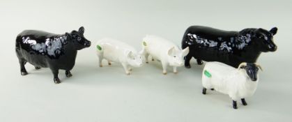 GROUP OF BESWICK POTTERY GLOSS CATTLE & ANIMALS comprising Aberdeen Angus bull and cow, 'CH Champion