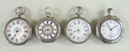FOUR SWISS SILVER LADIES FOB WATCHES, one with half hunter case and guilloche enameled chapter ring,