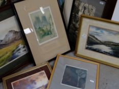 SMALL GROUP OF ASSORTED PICTURES & PRINTS including watercolour of a mountainous landscape, signed K