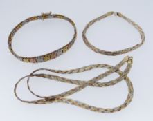MODERN CONTINENTAL THREE-COLOUR GOLD PLATED NECKLACE & BRACELET, 7.4g together with silver three-