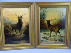 'HOLMES', oil on canvas, Early 20th Century, a pair - Stags, 48 x 32cms