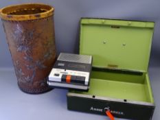 FINNEGANS MANCHESTER LEATHER WASTEPAPER BIN, Milners strong box with key and a vintage ITT tape