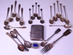 SILVER TEASPOONS, TWO SETS OF SIX with others - cigarette case ETC, various hallmarks and dates, 9