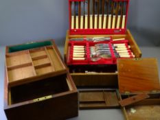 MID-CENTURY TEAK PRESENTATION CANTEEN OF CUTLERY and two vintage wooden boxes, the plaque to the