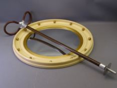 CONVEX BOBBLE DECORATED WALL MIRROR, large pine bevel edge mirror and a vintage shooting stick