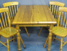 PINE DINING TABLE, 73cms H, 120cms W, 80cms D and four spindle back chairs, 85cms H, 39cms W,