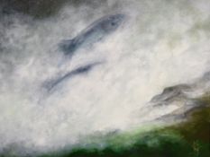CATHERINE GRANT oil on canvas - leaping salmon, signed with initials, 39 x 39cms