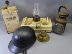 VINTAGE EVEROAK MOTORCYCLE HELMET, LMS railway lamp, greenhouse paraffin heater and Valor fuel can
