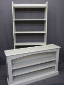 TWO MODERN PAINTED BOOKCASES including a tall open back example with six shelves, 180cms H, 84cms W,